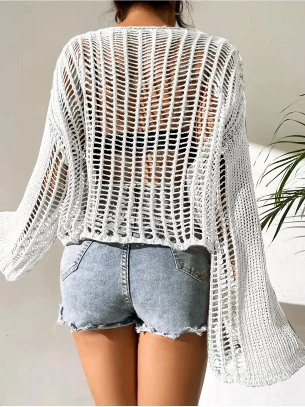 SHEIN White Crochet Open-Knit Long Sleeve Swim Coverup - Picture 2 of 5